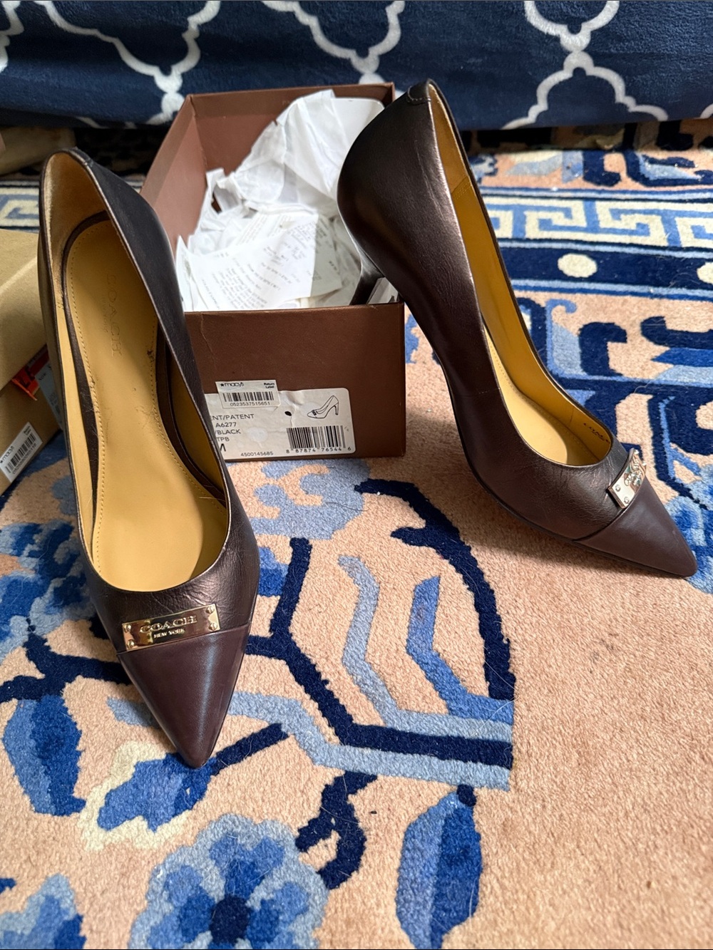 Coach Brown Leather Pointed-Toe Heels with Gold Accent Zan Patent Tapioca/Black